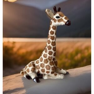 Vintage Rare Giraffe Figurine Relaxing Goat Hair Fur Africa Brown & White 9"